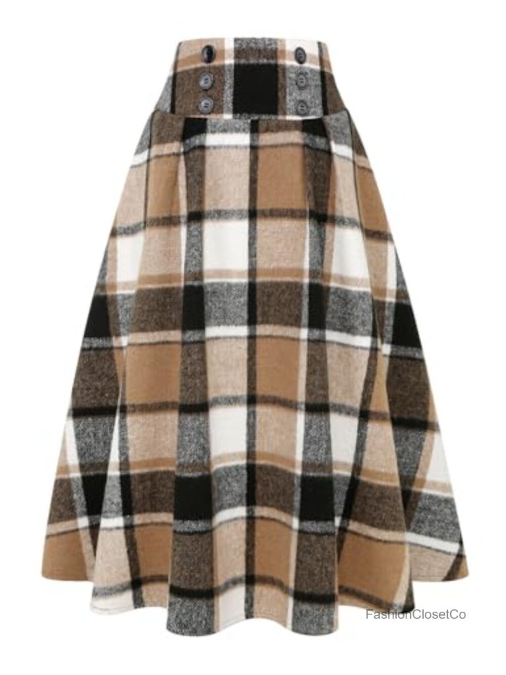 Plaid Midi Skirt High Waisted Button Down A-Line Pleated Winter Fall Wool Blend